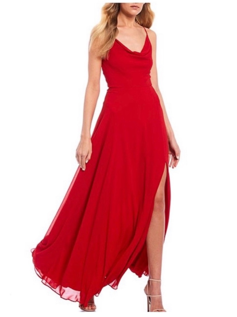 Sequin Hearts Red Cowl Neck Maxi Dress with Side Slit